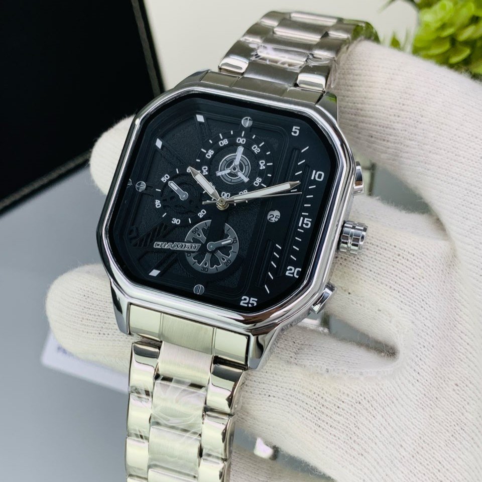 CHAXIGO Men's Square Dial Stainless Steel Watch | Silver Chain Strap | Chronograph Style | Luxury Business Wristwatch